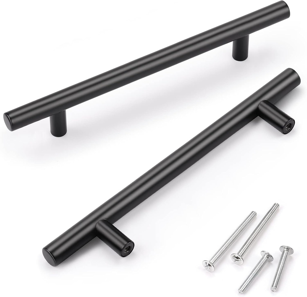 KNOBWELL 12 Pack 5" Black Cabinet Handles Dresser Drawer Pulls, Euro Style T Bar Black Handles for Kitchen Cupboard Bathroom Vanity Nightstand