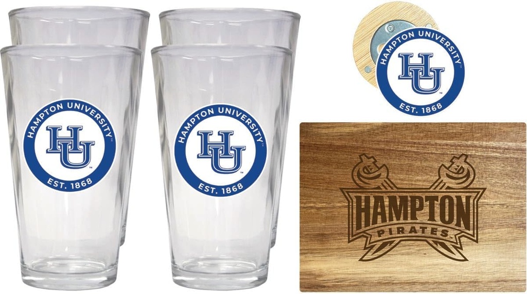 R and R Imports Hampton University Officially Licensed Kitchen Pack - Wood Cutting Board, 4 Pint Glasses & Magnetic Bottle Opener