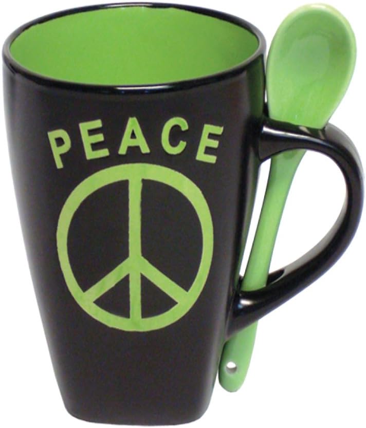 Mug Coffee Cup with Spoon 12 Oz Peace Sign Ceramic Novelty Coffee Mug (Green)