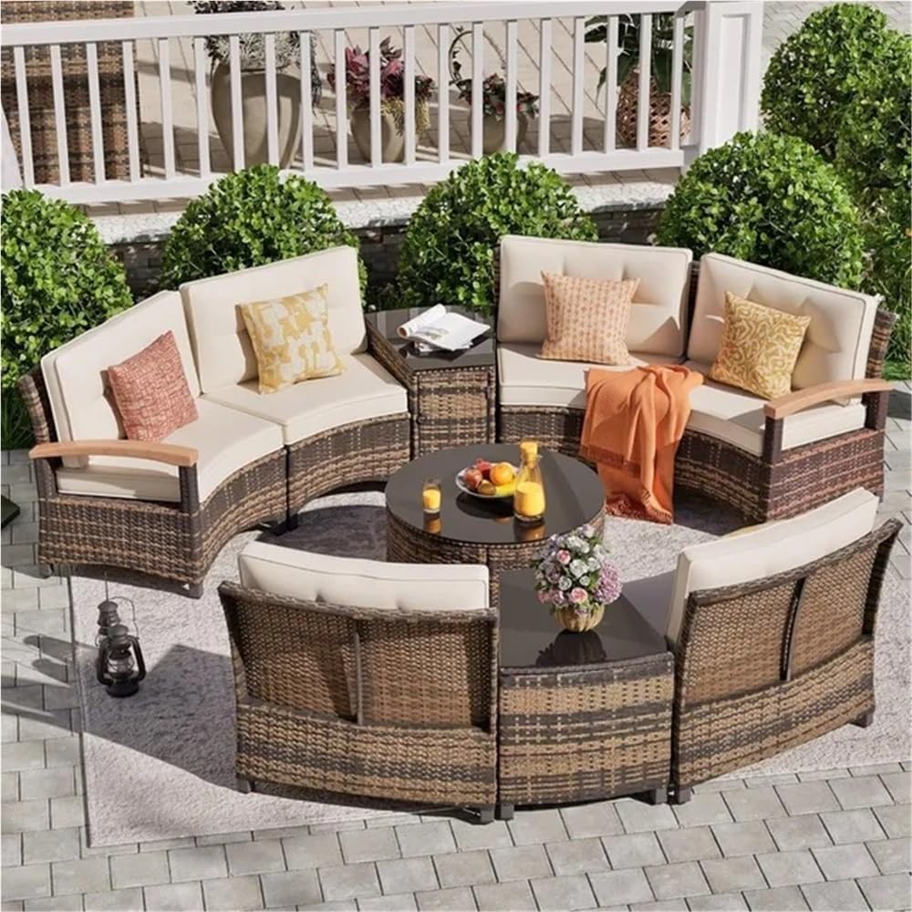 9 Piece Outdoor Patio Furniture Set Half-Moon Curved Sectional Sofa Rattan Conversation Set with Wood Armrests and Coffee Table for Garden Backyard Lounge