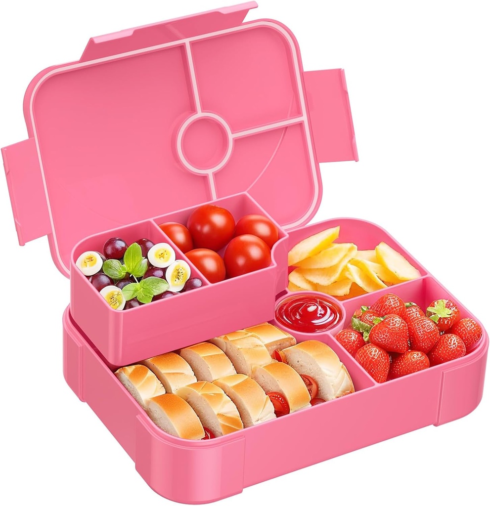 Bento Lunch Box for Kids - Leakproof Bento Box with 6 Compartments Portions Lunchbox for Kids Ages 3 to 7 Back to School, BPA-Free Snack Packing Containers Reusable On-the-Go Meal Prep, Pink