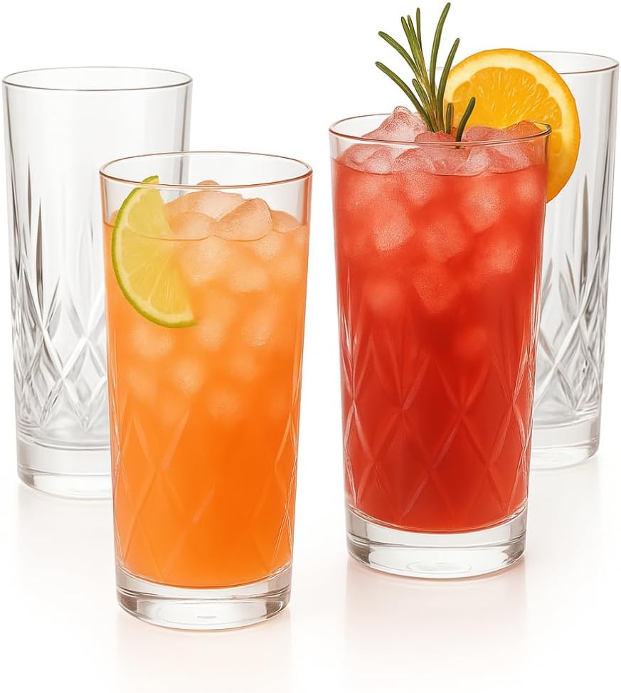 LEMONSODA Premium 12oz Highball Glass, for Water, Juices, cocktails - Set of 4 - Crystal Cut Glasses – Elegant Textured Tom Collins Glassware Set - Premium Packaging