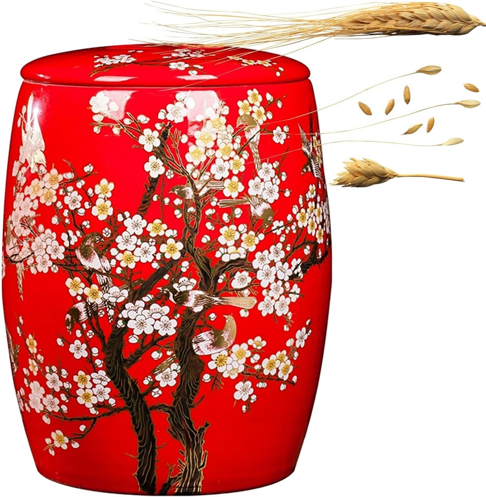 Large Rice Bucket 5KG/10KG/15KG/25KG Food Storage Containers Ceramic Grain Storage Bin Classic Food Dispensers for Rice Beans Grains Small Dry Food(Dark Red,10KG)