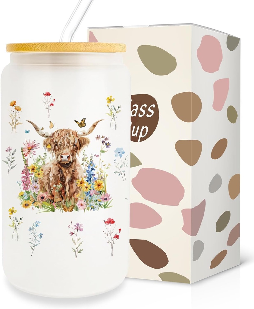 Highland Cow Glass Cups, 16 oz with Lids and Straws - Highland Cow Gifts for Women, Iced Coffee Cup Set