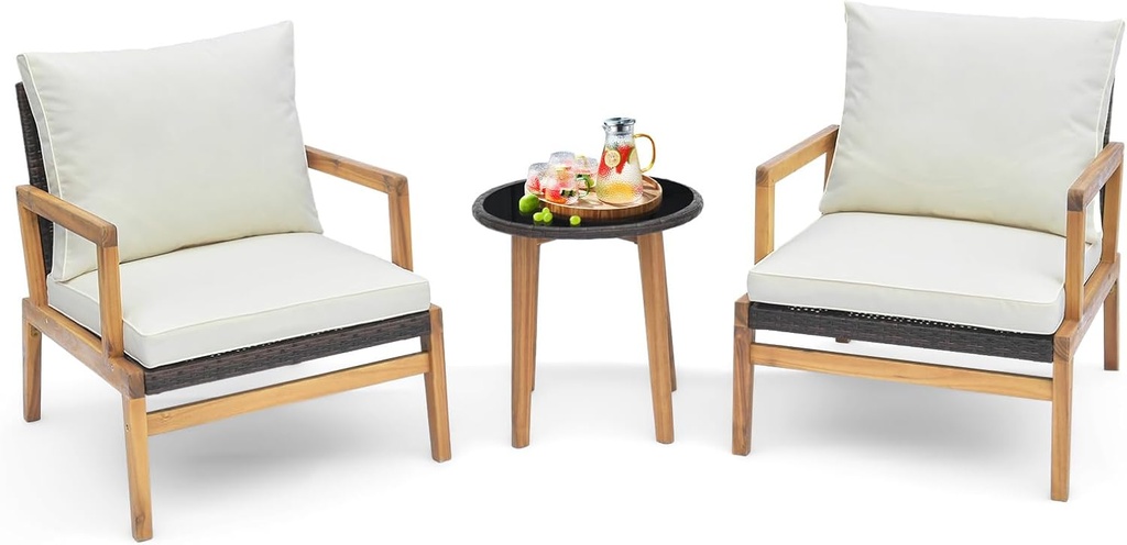 HAPPYGRILL 3 Pieces Patio Bistro Set, Wicker Acacia Wood Outdoor Furniture Set with Cushions, Tempered Glass Side Table, PE Rattan Wicker Chair with Table for Porch, Balcony, Deck