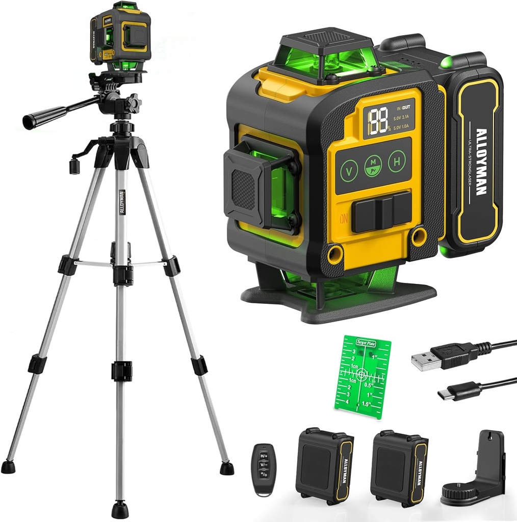 Laser Level with Tripod, Alloyman 4x360° Self Leveling Laser Level, Green Line Laser 4D Laser Leveler Tool with 2Pcs Lithium Batteries for Picture Hanging, Tile, Home Renovation, Indoor