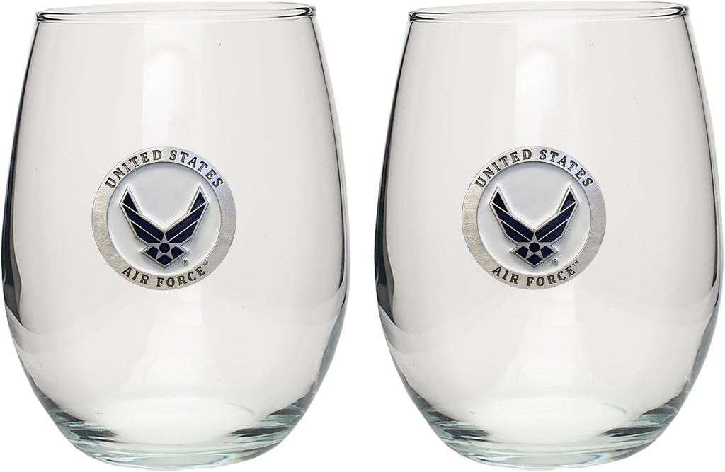 Air Force Wings Stemless Glass Goblets – Set of 2 | 15 OZ Goblet Wine Glasses | Expertly Crafted Pewter Glass