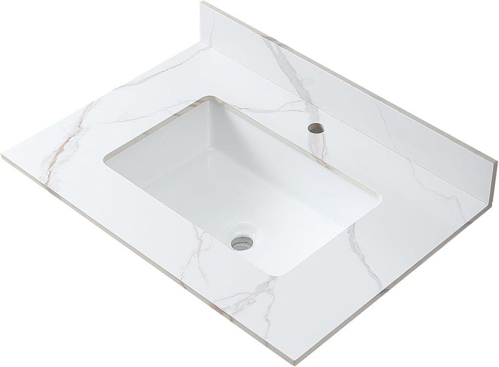 31 x 22 Inch Bathroom Vanity Top, Sintered Stone Top with Ceramic Sink, Single Hole Vanity Top With Undermount Rectangular Sink and 1 Backsplash (Carrara Gold, 1 Hole)
