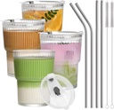 13oz Iced Coffee Cups,4Pcs Glass Cups with Lids and Straws Drinking Glasses,Clear Ribbed Glassware,Reusable Tumbler Glass to Go Cup for Matcha, Iced Tea,Juice