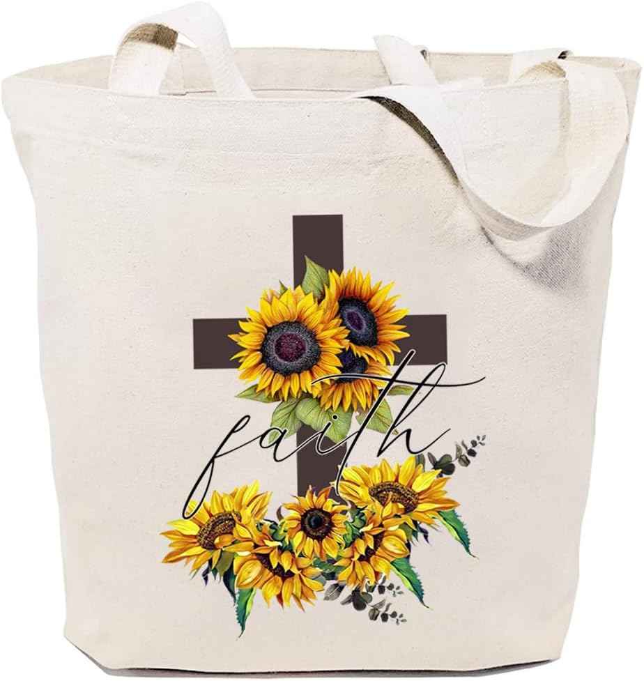 Jesus Faith Canvas Tote Bag for Women Aesthetic Sunflowers Cross Reusable Grocery Shoulder Shopping Bag Christian Gift