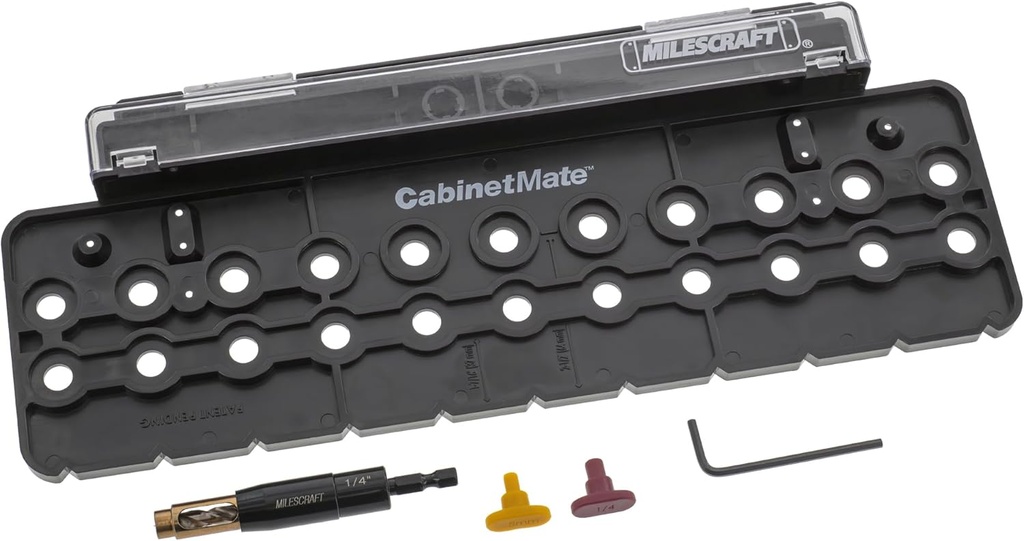 Milescraft 1316 CabinetMate - Shelf Pin Drilling Jig, Create Holes for Wobble Free Shelves. Cabinet Drill Guide for Straight Holes. Includes Drill Bit an Index Pins and Built-In Storage