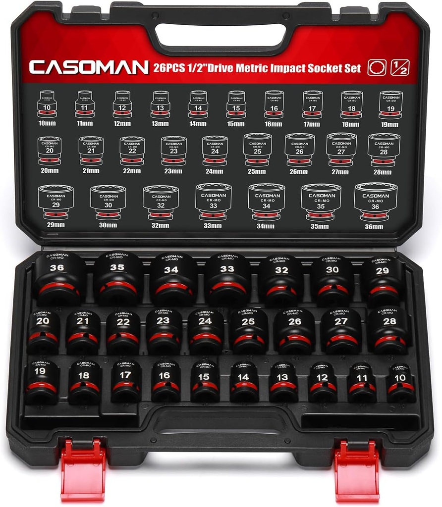CASOMAN 26-Piece 1/2" Drive Standard Impact Socket Set, 12-Point, Metric, 10mm - 36mm, CR-MO Steel, with Storage Case