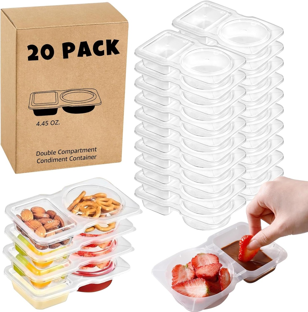 20 Sets Double Compartment Condiment Container, 2 Compartment Snack Containers, Disposable Food Containers with Lids for Sauce Snack, for Travel, Picnic
