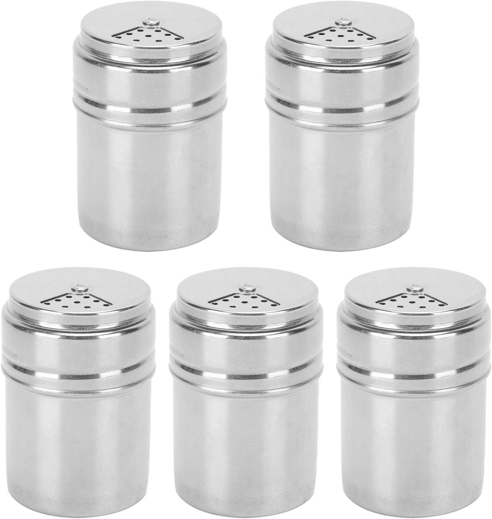 5 Pcs Stainless Steel Salt and Pepper Shakers Set, Metal Salt Pepper Dredge Shakers with Adjustable Pour Holes, Seasoning Cans Spice Dispenser for Kitchen Dinner Table Cooking Baking Camping