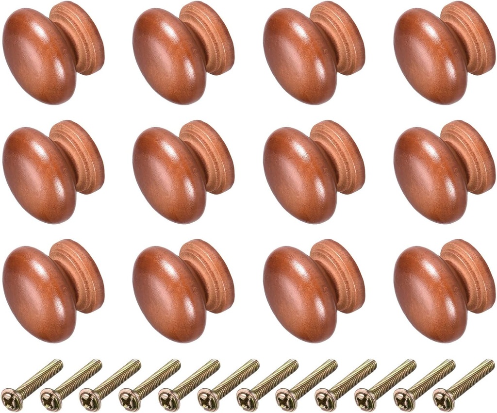 METALLIXITY Round Wood Drawer Knob, 35mm Dia, 12Pcs, Dark Red Wood, Rustic Vintage Style, Perfect for Drawer, Cupboard