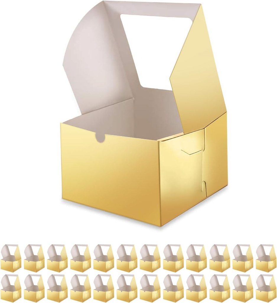 25 Gold Bakery Boxes with Window 5x5x3.5 Inches, Dessert Boxes to Go with Window, Treat Boxes for Small Bakery, Dessert, Candy, Cookies, Pastry, Party Favors, Wedding Cake