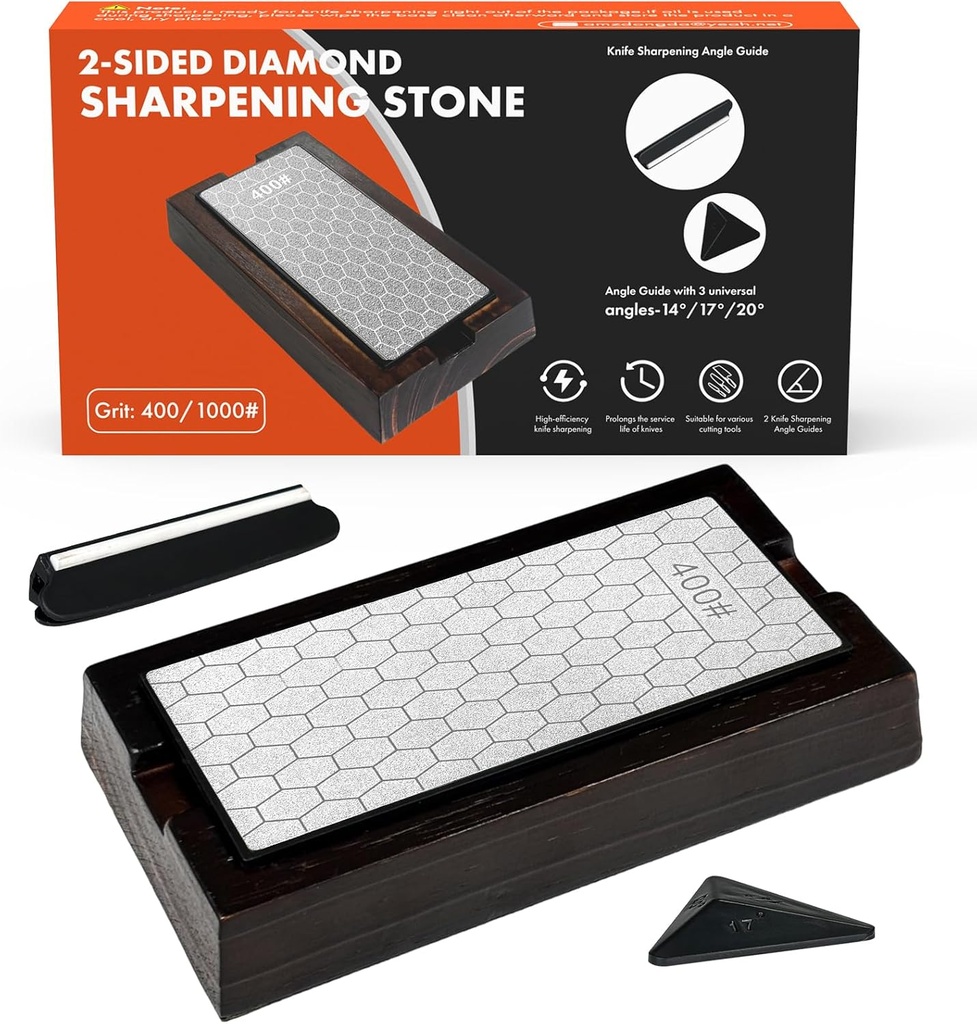 Diamond Sharpening Stone, Sharpening Stone with 2-Sided 400/1000, Diamond Plate Honing Stone with 3 Universal Angles 14°/17°/20°, Sharpening Stones for Knives, Angle Guide & Base, Silver