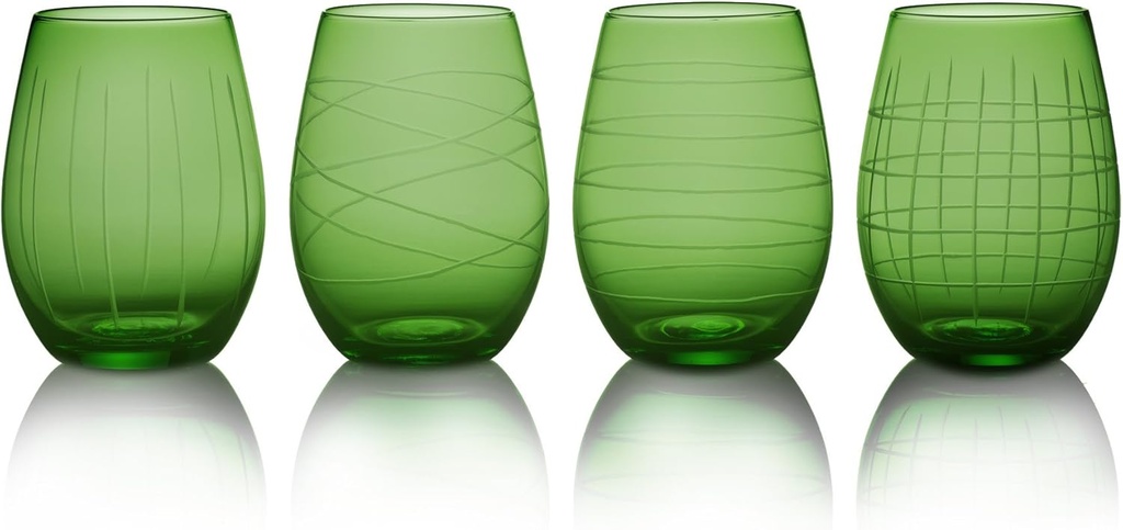 Fifth Avenue Medallion Stemless Goblets, Green, Set of 4
