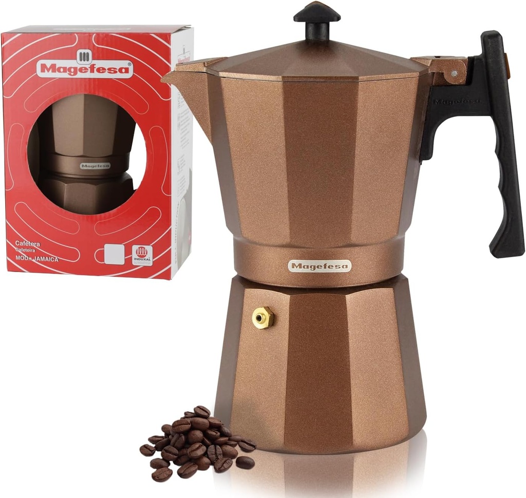 Magefesa Jamaica Brown Stovetop Espresso Maker, 9-Cup (15 oz) Italian Moka Pot for Cuban Coffee, Extra-Thick Aluminum, Induction-Compatible, Heat-Resistant Handle