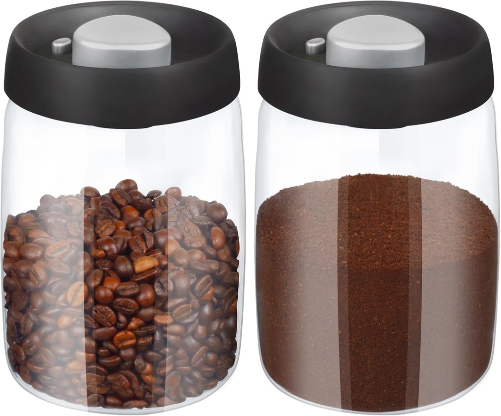 Coffee Grounds Container,Vacuum Coffee Canisters,Airtight Glass Food Storage Container,Bean,Sugar,Tea,Flour,40 floz 2pcs Set for Countertop Glass Jar