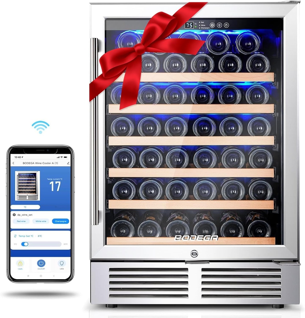 BODEGA 24 Inch wine cooler,under counter wine fridge 52 Bottles with WIFI APP Control Fits Champagne,red, Rose, Built in or Freestanding wine cooler refrigerator for Home Office Bar.