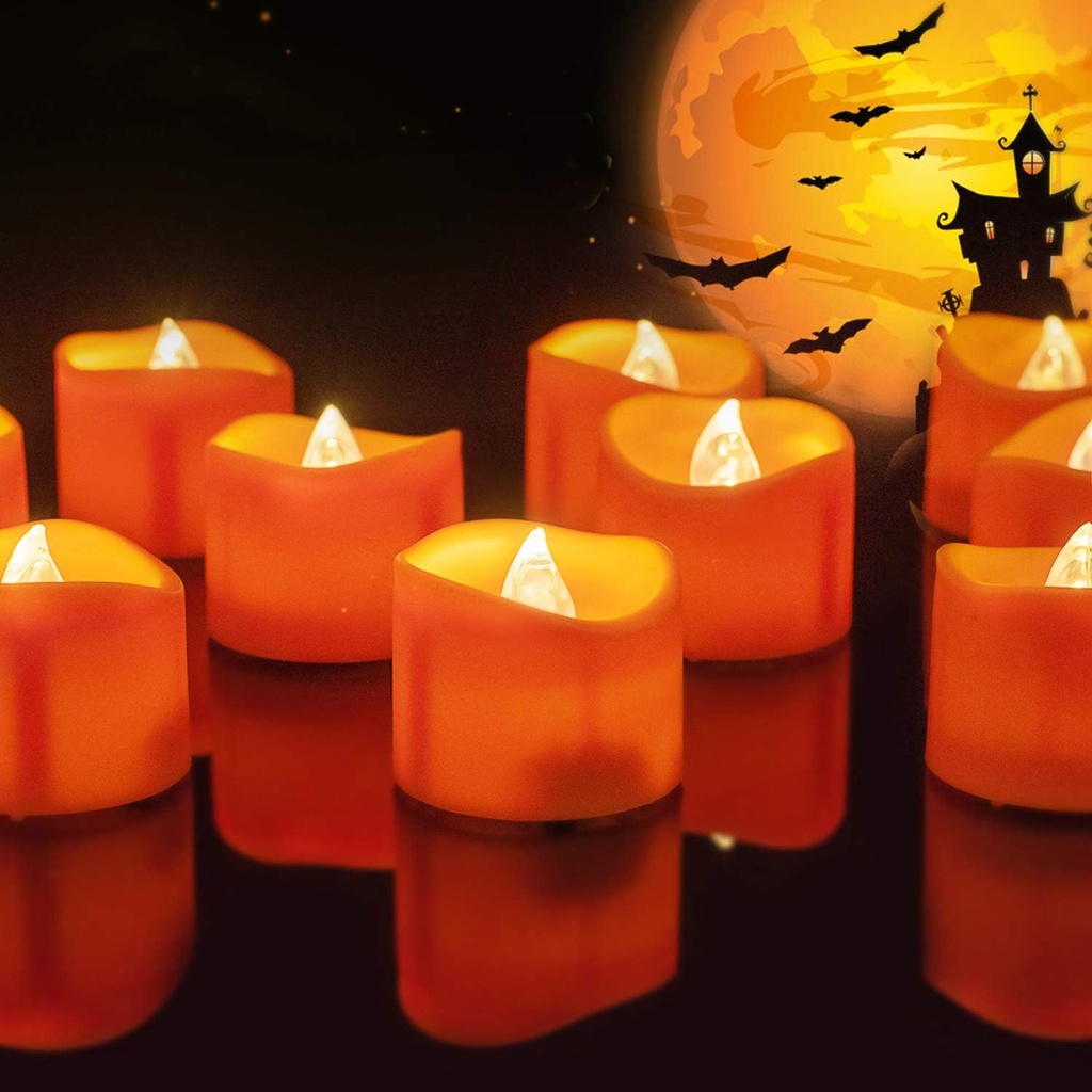 Homemory Halloween 24 Pack Orange Tea Light Candles, Battery Operated LED Tealights, Small Pumpkins Lights, Flameless, Electric Fake Tea Candles for Fall, Diwali Decorations