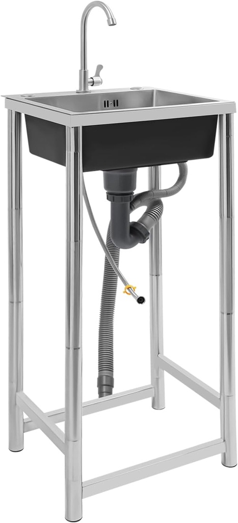 Stainless Steel Single Basin Kitchen Sink Free Standing Single Bowl Kitchen Sink w/Water Pipe for Laundry Room Bathroom Farmhouse (17.7 * 15.75 * 8.66in)