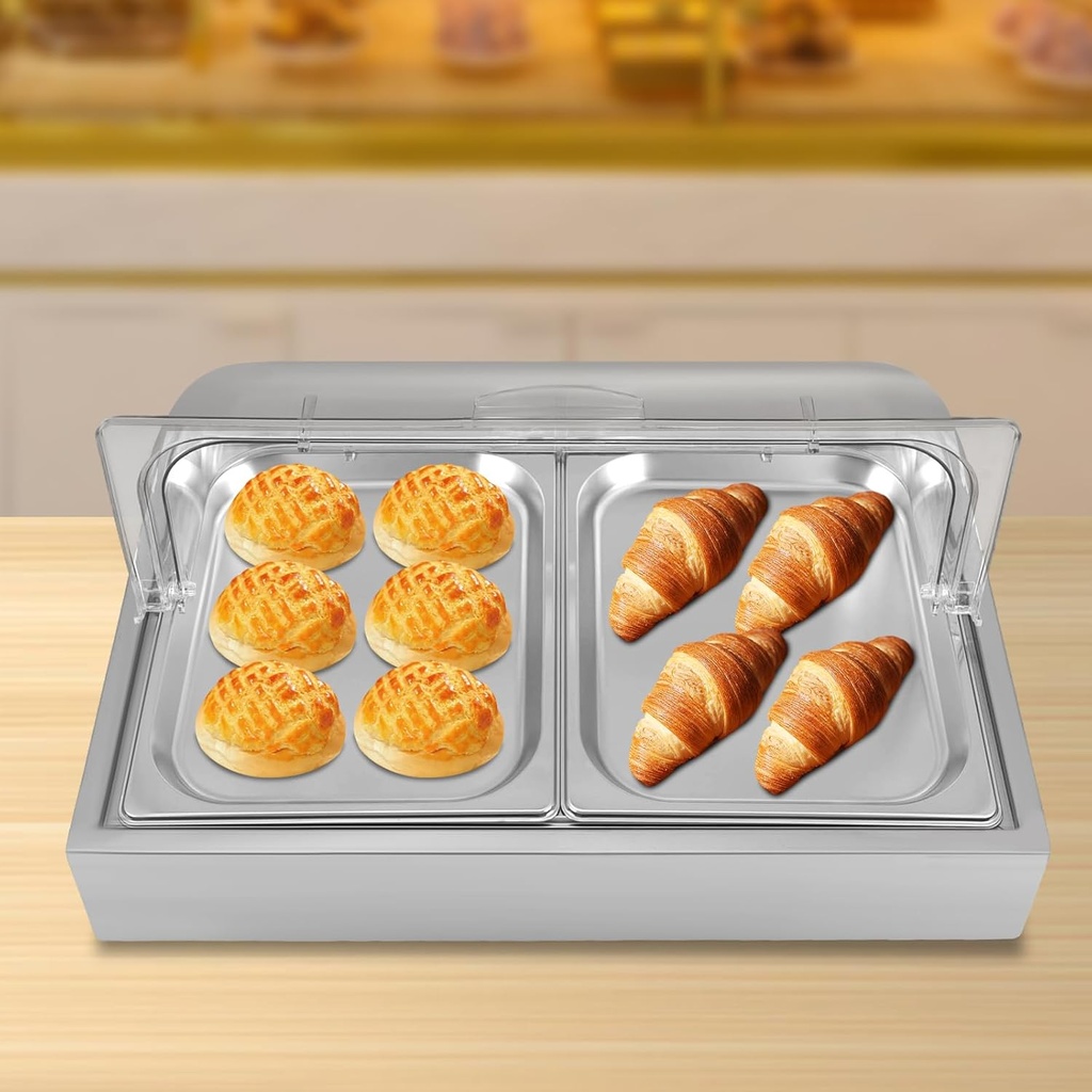 2 Pans Ice Food Serving Display Tray, Stainless Steel Ice Cooled Serving Display Container Cooling Food Display Case with Lid for Buffets,Restaurants,Hotels. (Silver)