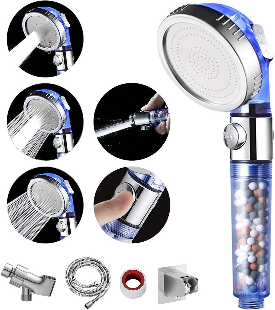 MIAOHUI Blue Zenbody Shower Head with Filter Beads, 3 Modes Showerhead with On Off Switch, Handheld Eco Water Spa Shower Head with Hose, Adjustable Bracket, Self-adhesive Holder