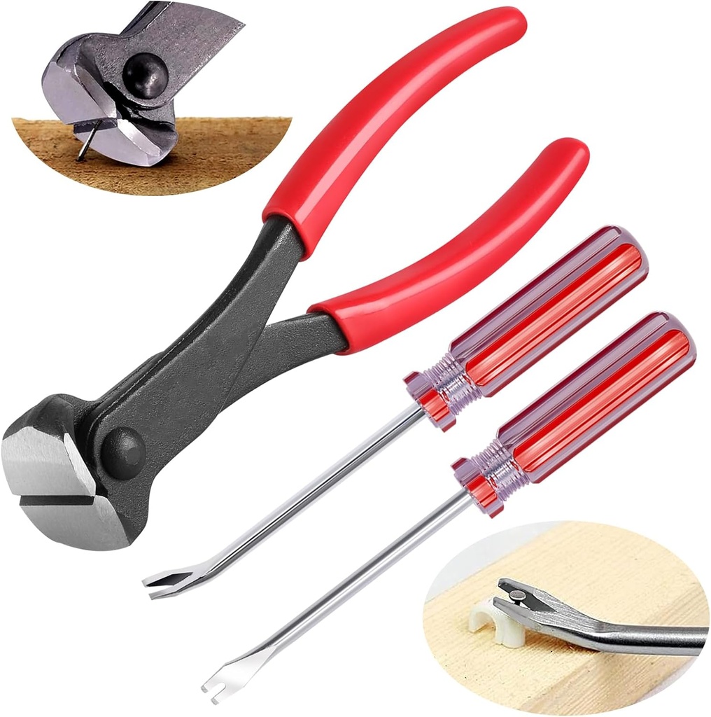 3Pcs Upholstery and Construction Staple Remover Set Contains 7" End Cutting Pliers, 8" Angled and Straight V Tip Nail Puller for Furniture Floor Wall Car Photo Frame
