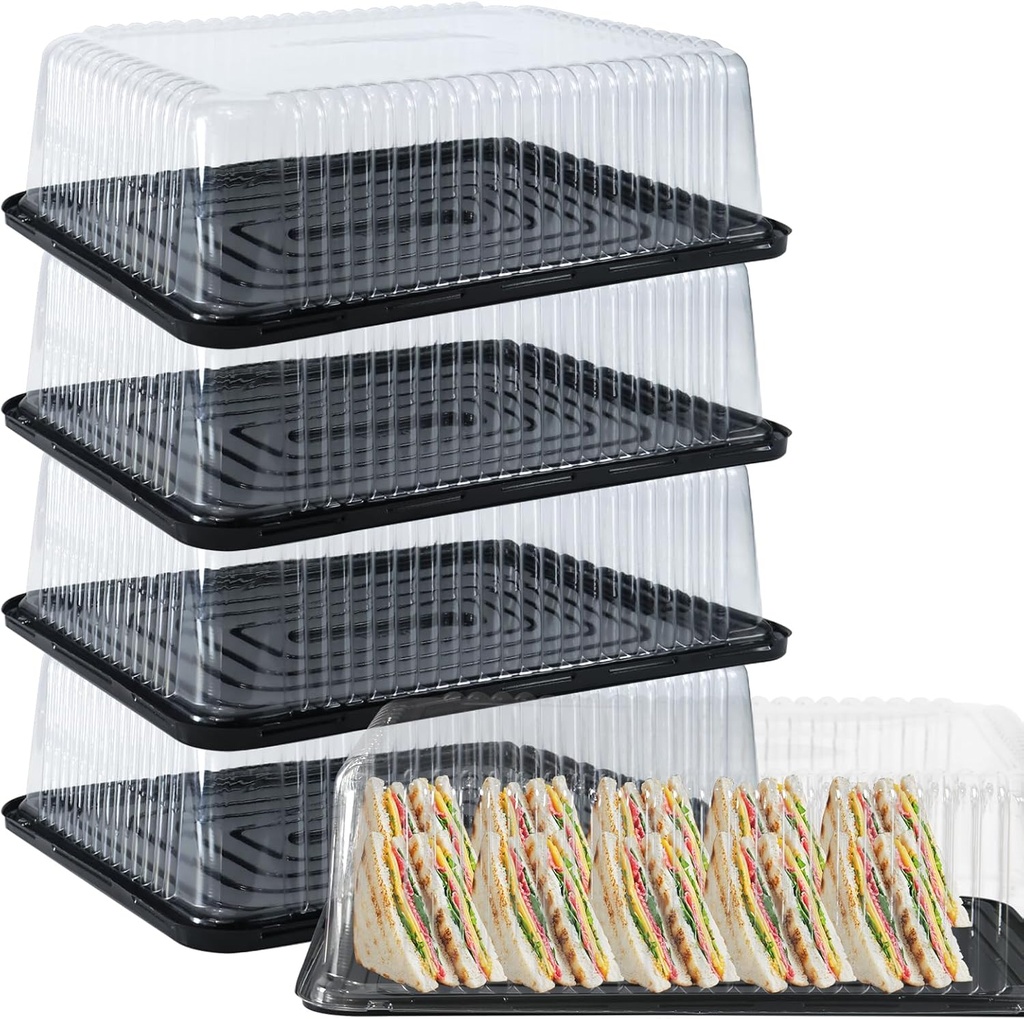 [5 Pack] Cake Pies Carriers, Black Serving Tray with Clear Lid, Disposable Cake Containers with Dome Lids Dessert Sandwich Trays for Wedding Party (5, Rectangle)