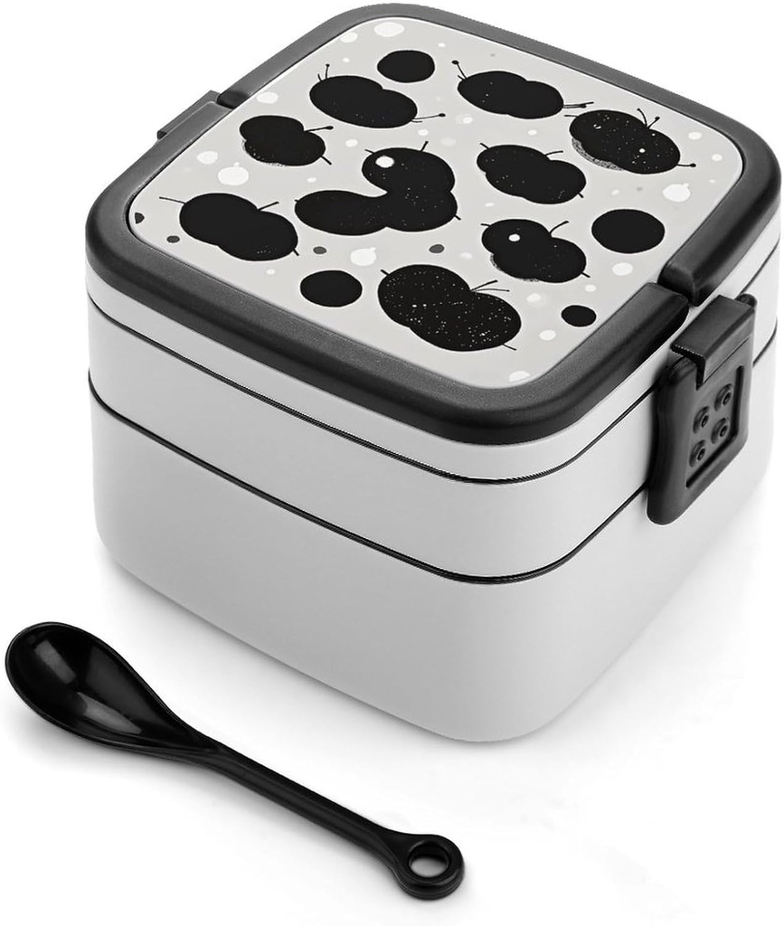 Bento Box Stackable Lunch Box with 2 Compartments Leak-Proof Food Storage Containers Black And White Dot Bento Lunch Box for Adults Lunch Containers with Utensil Set