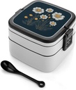 Three White Flowers Bento Box with Spoon, 2-layer Stackable Lunch Box Leak Proof with Invisible Handle, Insulated Food Storage for Office, Picnic & Travel