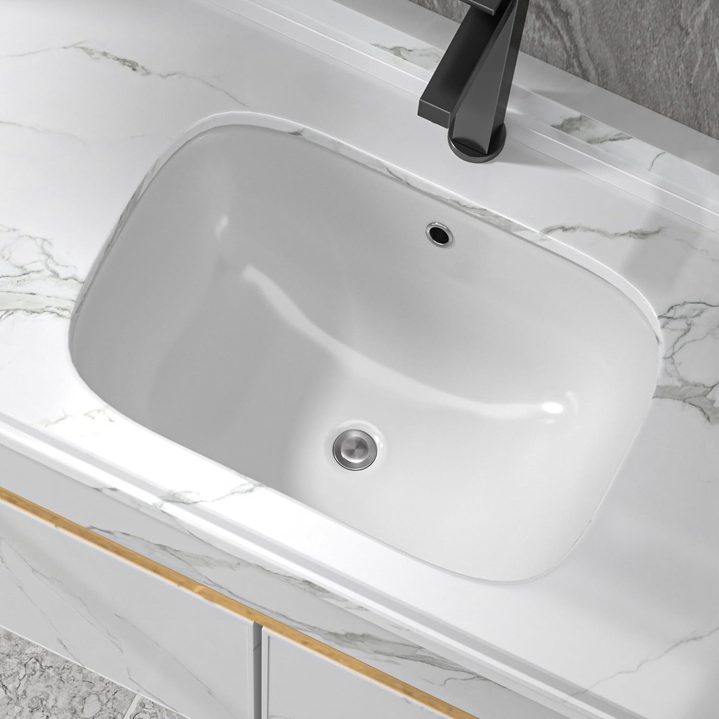 Undermount Bathroom Sink Rectangular - Fulorni 22"x15" Bathroom Vessel Sink White Porcelain Ceramic Under Counter Rectangle Vanity Lavatory Bath Sink Basin with Overflow, Curved Bottom