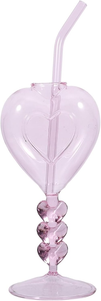 Cabilock 1set Heart Shaped Glass Wine Goblet Elegant Cocktail Drinking Cup with Straw for Wine Desserts and Parties Convenient for Easy Holding