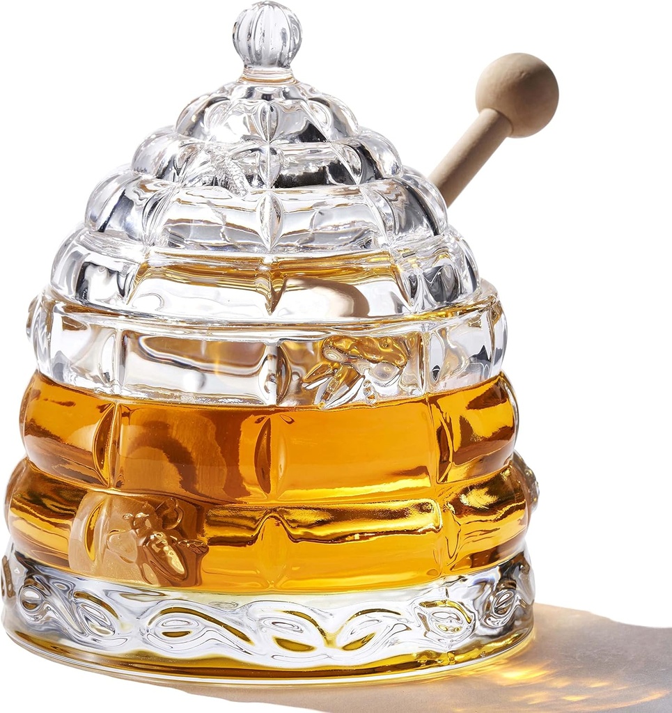 Honey Dispenser Jar with 2 Dippers – 9 OZ Elegant Glass Storage with Superior Drizzle Control & Durable Lid