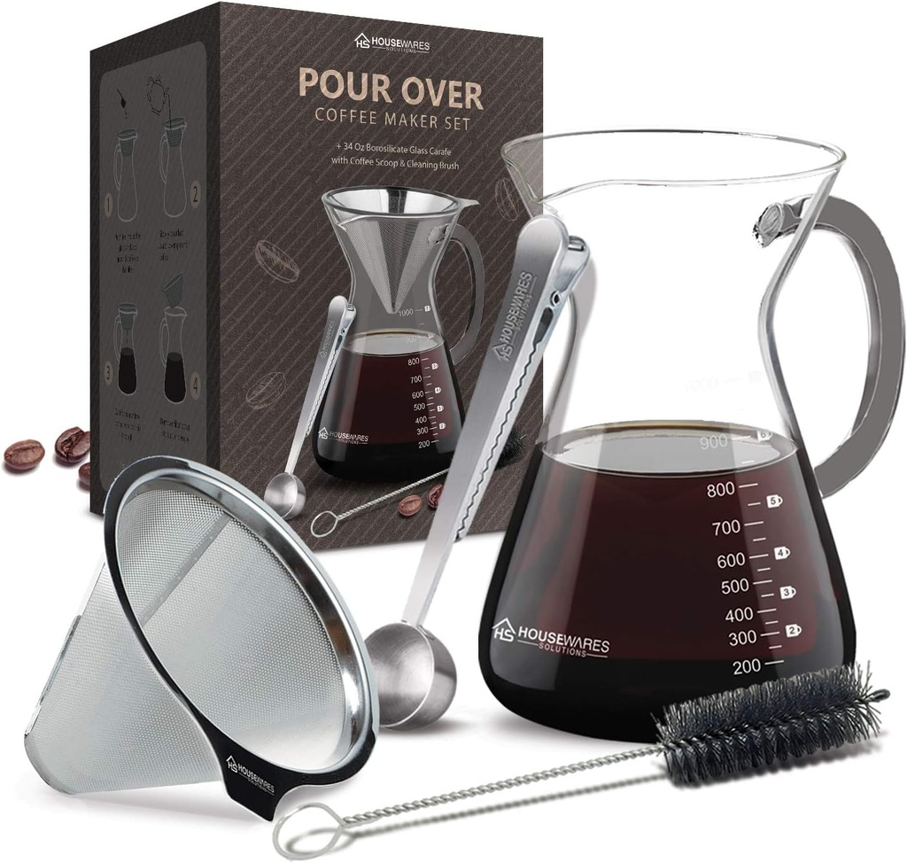Pour Over Coffee Maker Set - 34 oz Large Borosilicate Glass Carafe, Thickened Rust Resistant Heat Resistant Double-Layer Stainless Steel Dripper/Filter with Coffee Scoop and Cleaning Brush