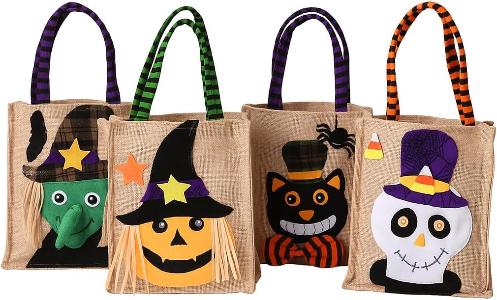 Halloween Trick-or-Treat Tote Bags – 4-Pack Reusable Burlap Gift Bags – Pumpkin, Witch, Skeleton & Black Cat Designs – Kids’ Candy Bags for Halloween Party Favors