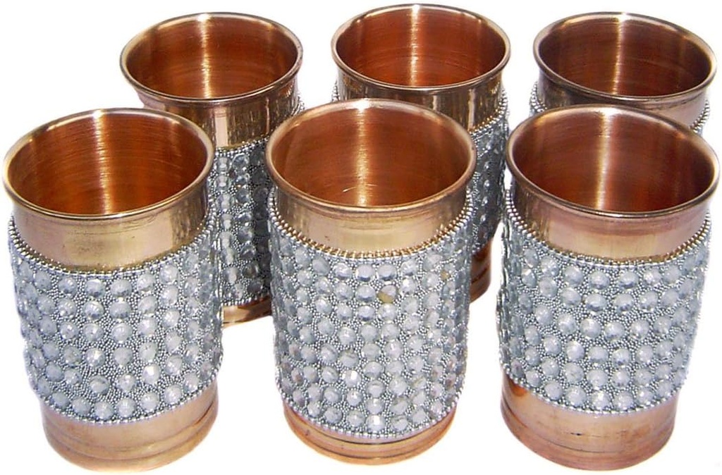 Rastogi Handicrafts Pure Copper Silver Crystal Studded Glass Set