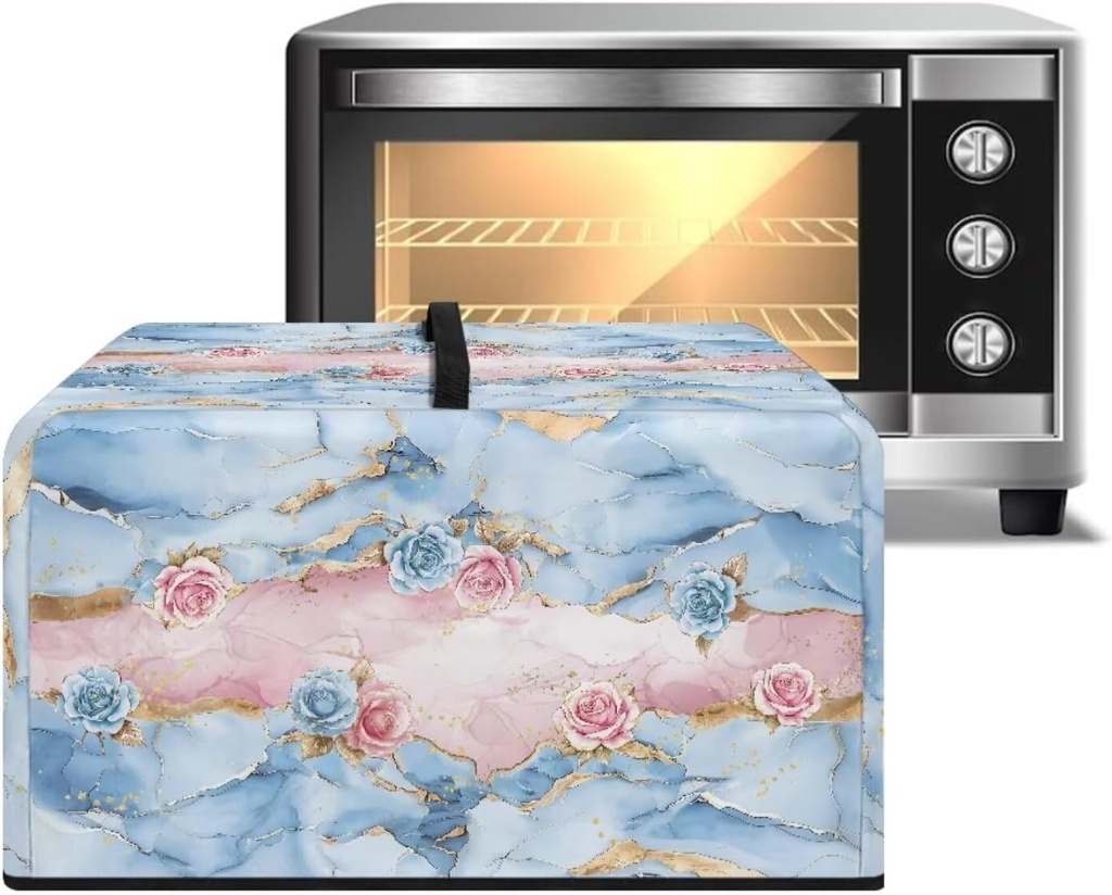 Canvas Microwave Oven Cover Washable Fabric Convection Toaster Oven Dust Cover Kitchen Appliance Protector, Rose Marble Texture Blue Pink Print, 20.9"W x 15.7"D x 12.4"H, L
