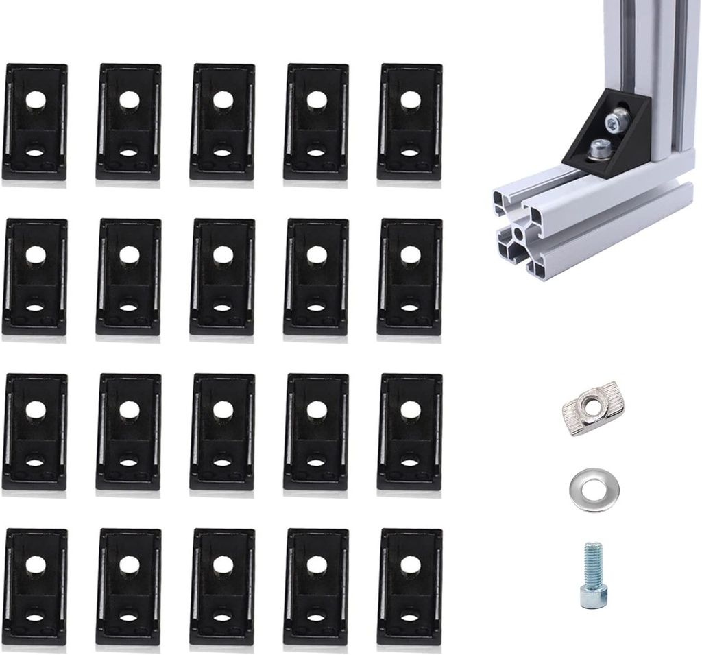 2020 Aluminum Extrusion Connector Bracket Corner Brace Set, Metal Corner Braces with Socket Head Cap Screws, Mounting Bolts and Washers - Aluminum Extrusion Accessories (20mmx20mm, 20pcs)
