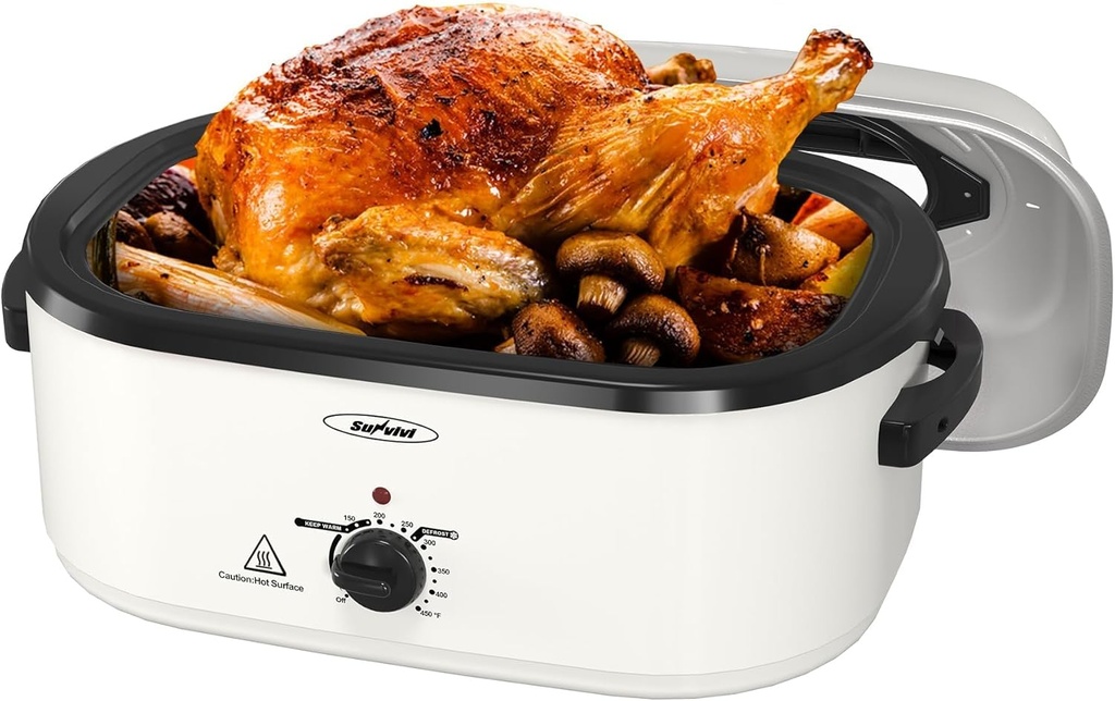 Sunvivi 26 Quart Roaster Oven, Electric Roaster Oven with Glass Lid, Turkey Roaster Buffet with Self-Basting Lid, Removable Pan, Cool-Touch Handles, White
