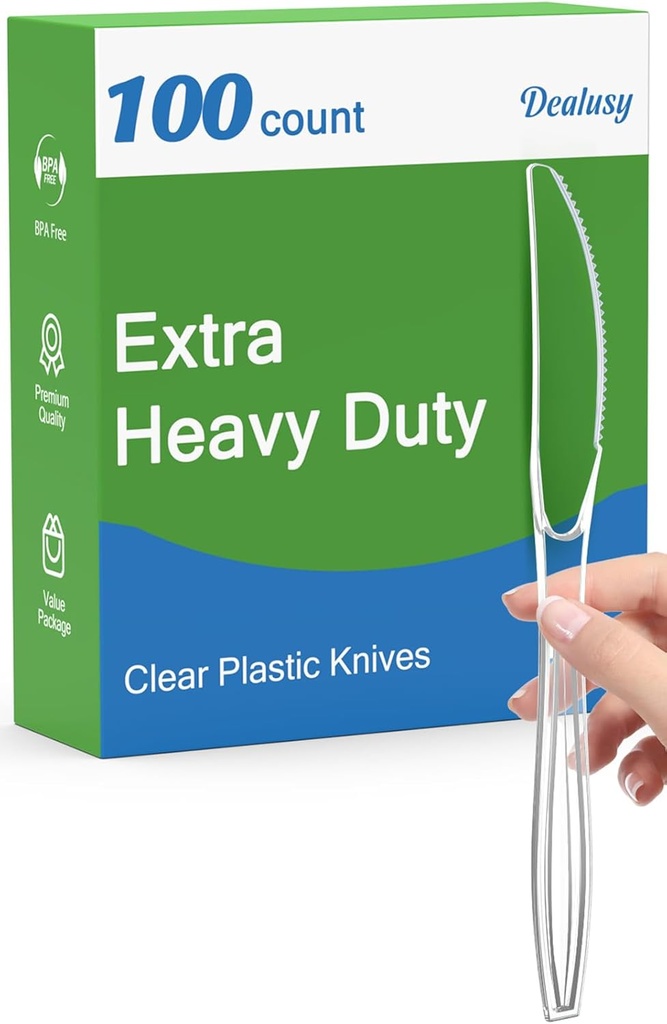 100 Count Extra Heavy Duty Clear Plastic Knives Disposable, BPA-Free, Heat Resistant, Solid and Durable Disposable Knives Bulk, Premium Plastic Knives heavy duty for Party Supply