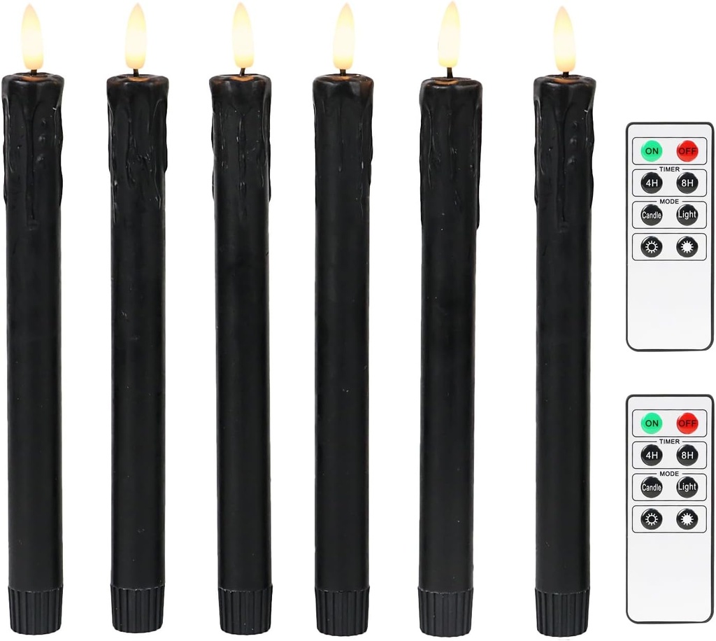 Fanna Black Flameless Taper Candles for Halloween with 2 Remotes, Real Wax Battery Operated Candles with Timer, Warm White Light, 10" Set of 6