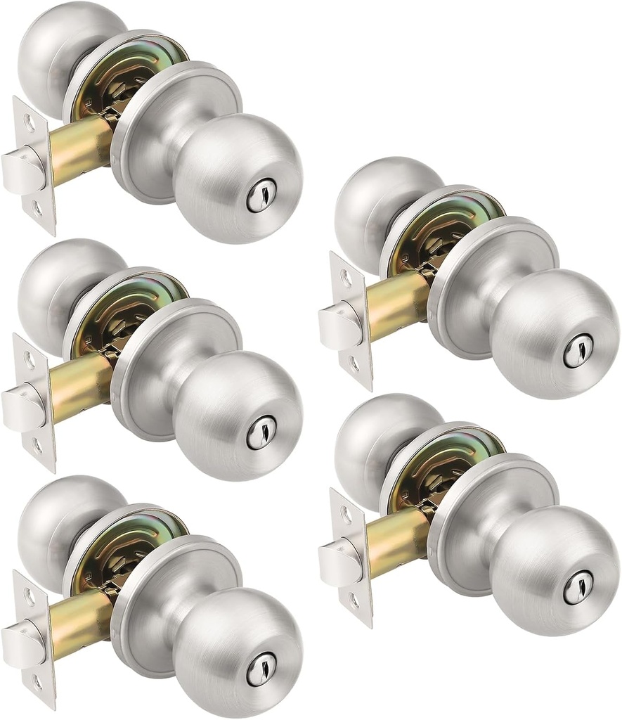 KNOBWELL Brushed Nickel Door Knob for Bedroom Bathroom, Interior Door Knobs with Round Ball Knob, Keyless Privacy Door Knob with Lock, Indoor Door Handle, 5 Pack