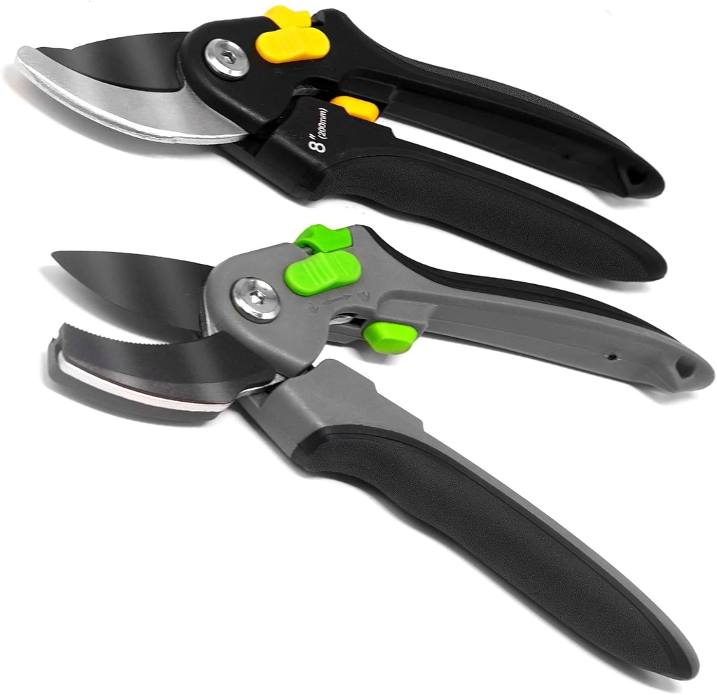 MANUFORE 2 Pack 8in Gardening Sharp Scissors Bypass and Anvil Pruning Shears with Adjustable Handle Opening Width and Fully Hardened Carbon Steel Blades