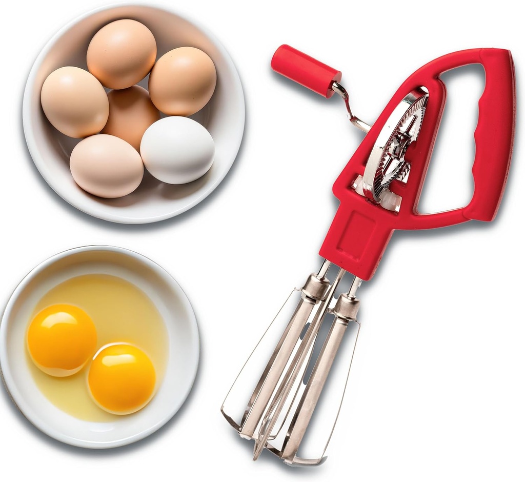 Rotary Egg Beater Manual Hand Crank Mixer - Stainless Steel Hand Mixer with Double Rotating Heads for Easy Beating, Blending, and Whipping - Dishwasher Safe Kitchen Gadgets by Kings County Tools (Red)