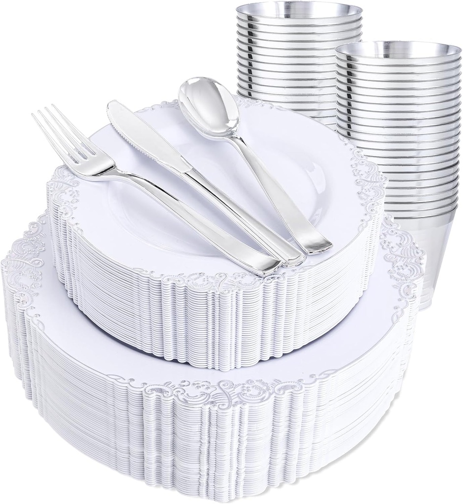 Hioasis 300pcs White and Silver Plastic Plates - Disposable Dinnerware Set Suitable for 50 Guests Include 10.25" Dinner & 7.5" Dessert Plates,Silverware Set, Cups for Halloween(NO Napkins Included)