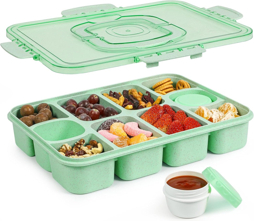Caperci Snackle Box Container - Large 10-Compartment Divided Serving Tray with Lid and Handle, Built-in 2 Dip Containers, Dishwasher Safe, Leak-Proof, Wheat Straw, BPA-Free (Green)