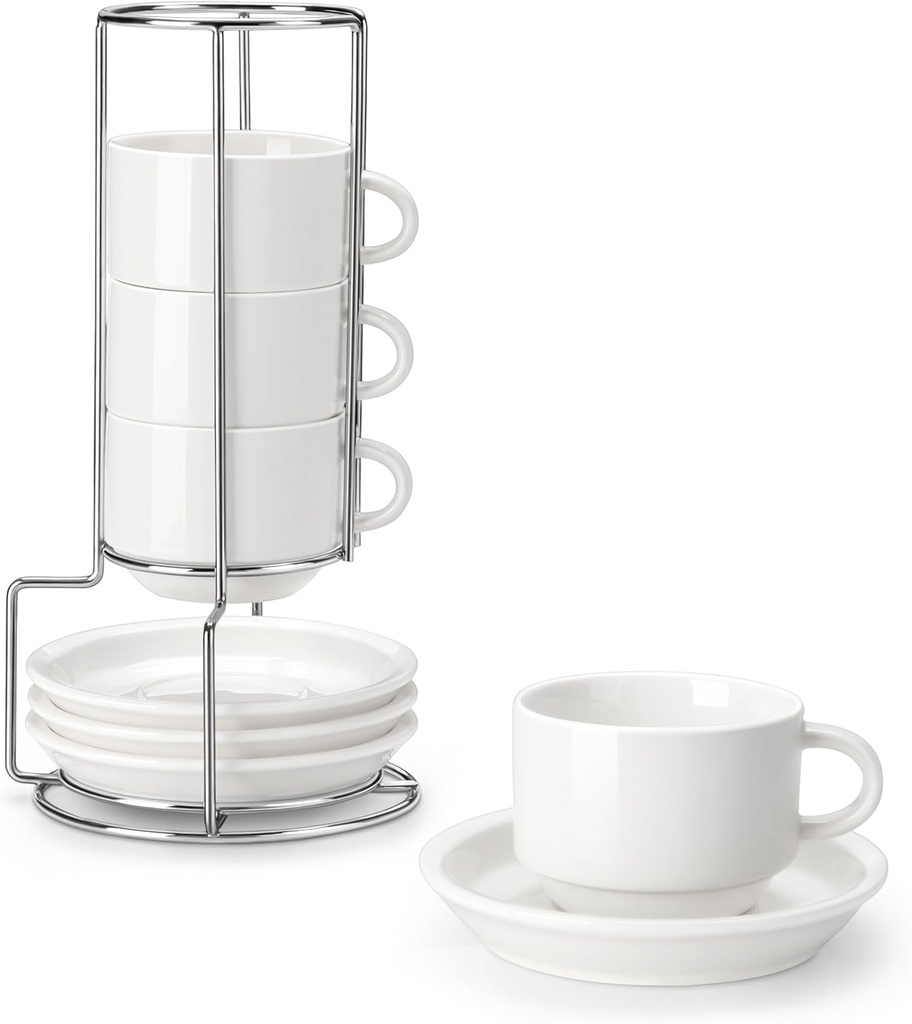 MALACASA 8 OZ Porcelain Espresso Cups with Saucers and Metal Stand Set of 4, Stackable Cappuccino Cups, White Expresso Shots Cup Set for Coffee Drinks, Latte, Tea